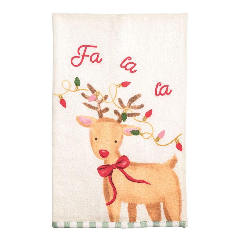 Holiday kitchen towel with a reindeer wrapped in Christmas lights and the text "Fa la la".