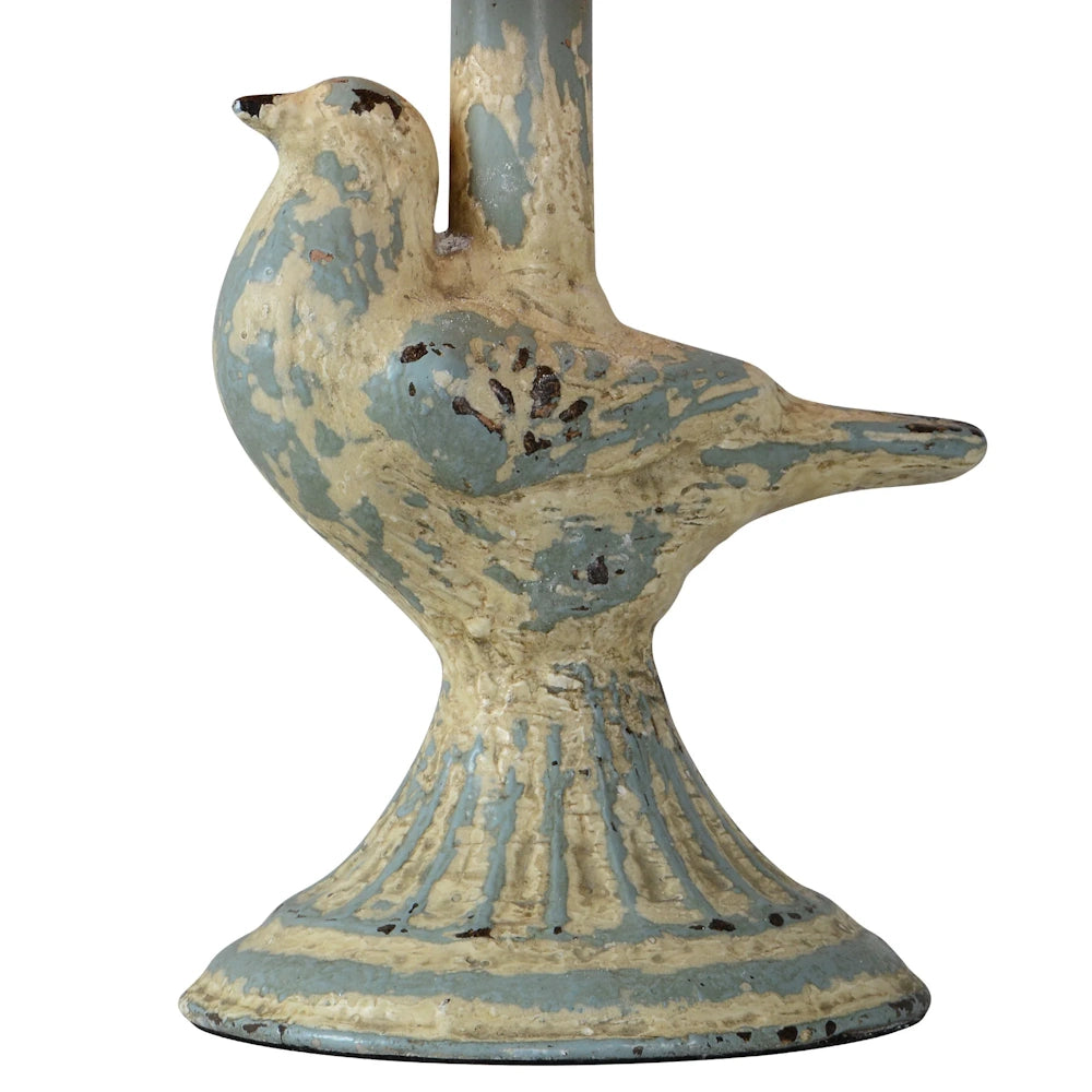 Distressed vintage bird figurine base with weathered blue and cream glaze and rustic fluted pedestal design.