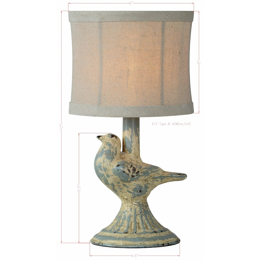 Rustic distressed blue bird table lamp with linen drum shade and dimensions for vintage home decor lighting.