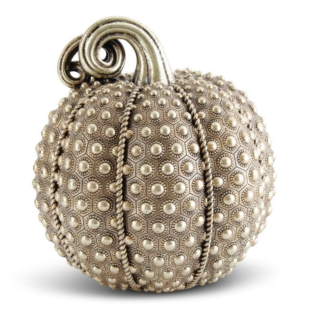 Textured antique gold decorative pumpkin with a curled stem and studded honeycomb pattern.