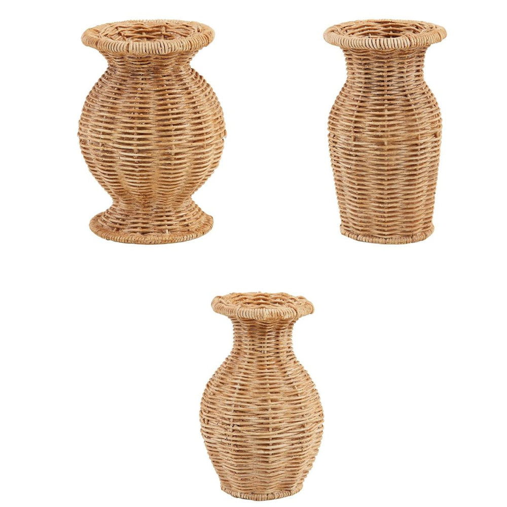 Set of three assorted woven resin basket-weave vases in light brown wicker style for rustic home decor.