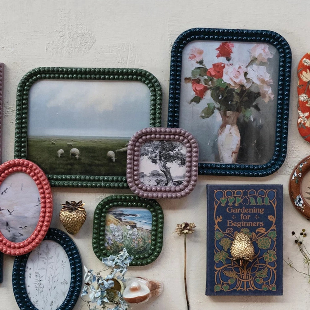 A gallery wall featuring colorful resin bobbin frames with nature prints, landscape photos, and a vintage gardening book.
