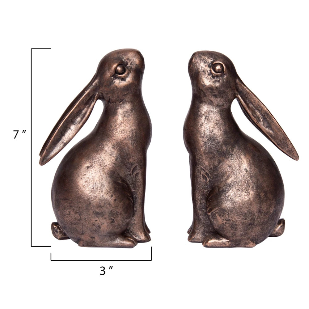 Bronze bunny bookends measuring 7 inches tall and 3 inches wide, rustic resin rabbit decor for bookshelves.