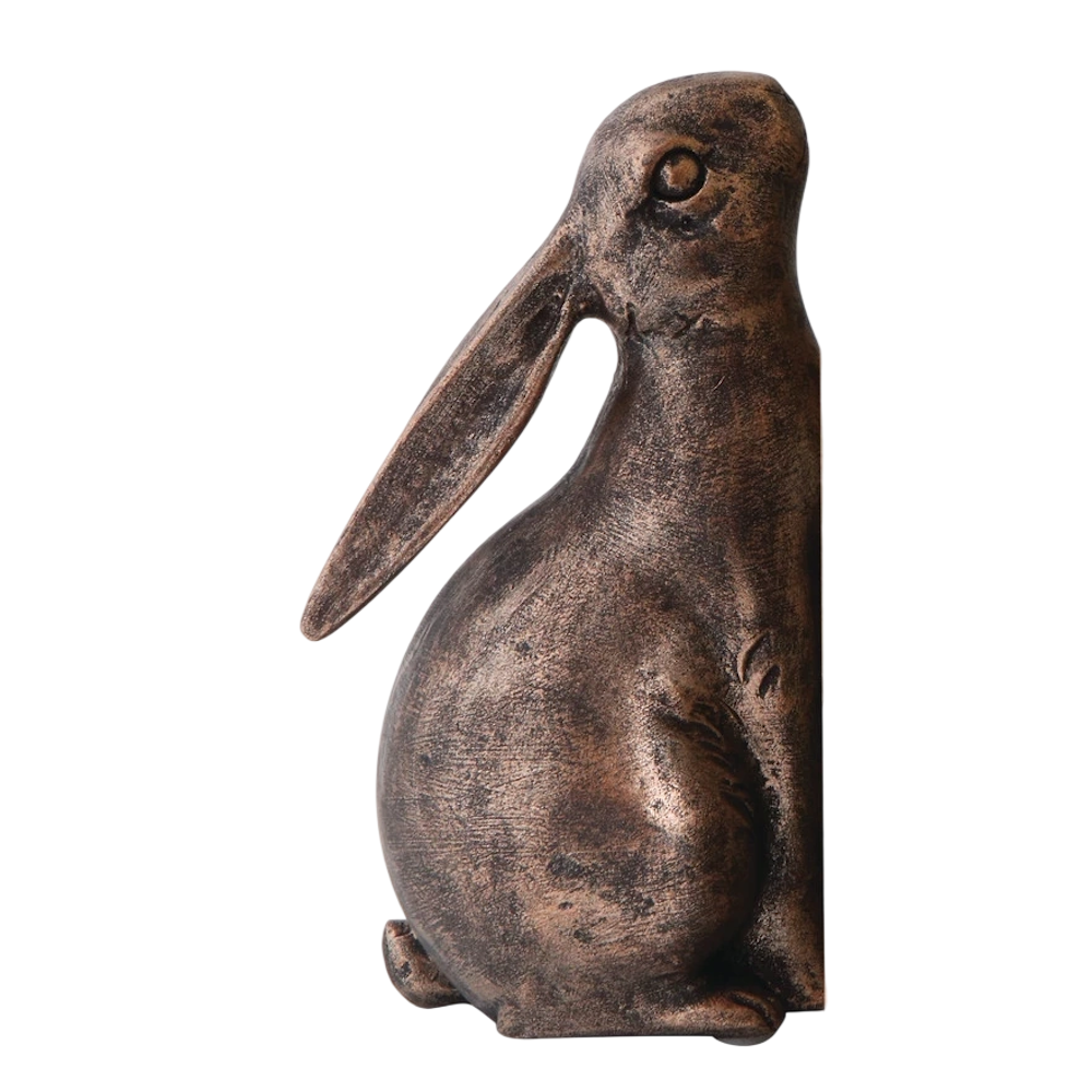 Antique bronze-finished resin bunny bookend featuring a seated rabbit with long ears, rustic home library decor on white background.