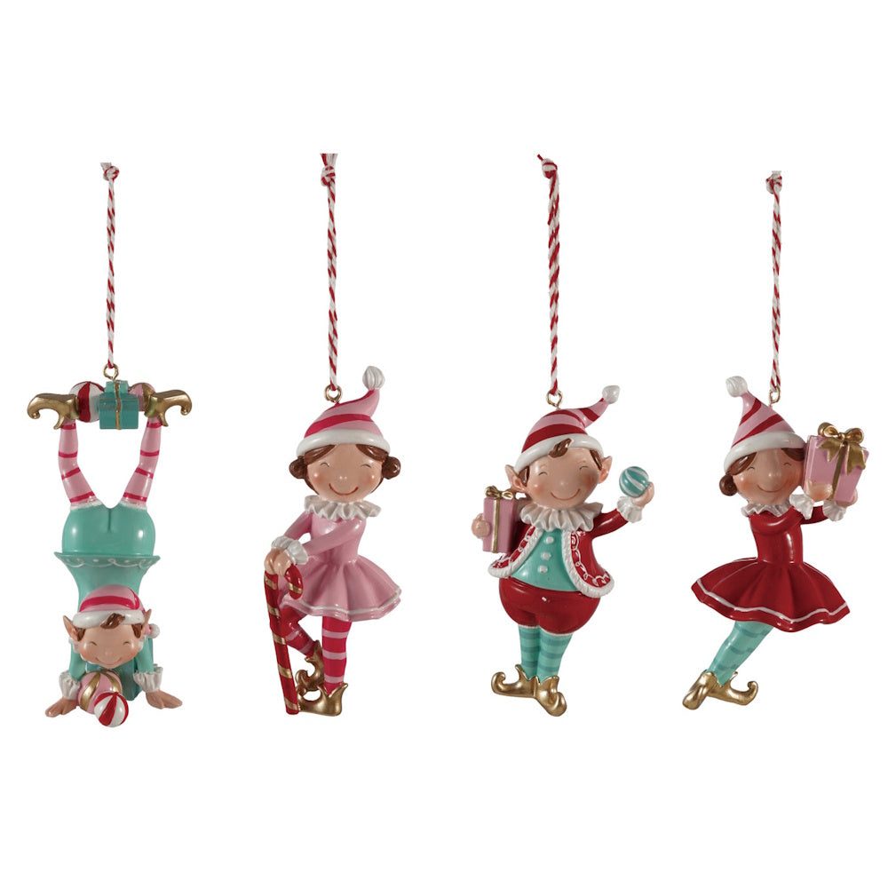 Set of four cheerful Christmas elf ornaments holding gifts and candy, hanging from red and white twine.