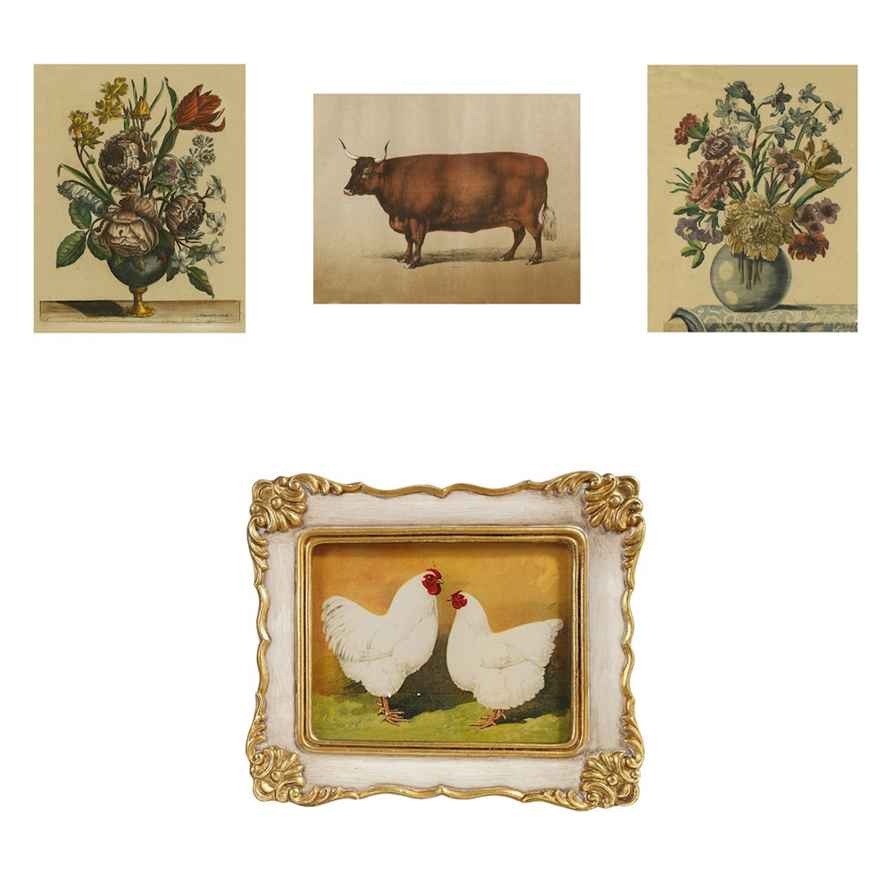 Set of four vintage art prints featuring botanical flowers, a bull, and framed white chickens.