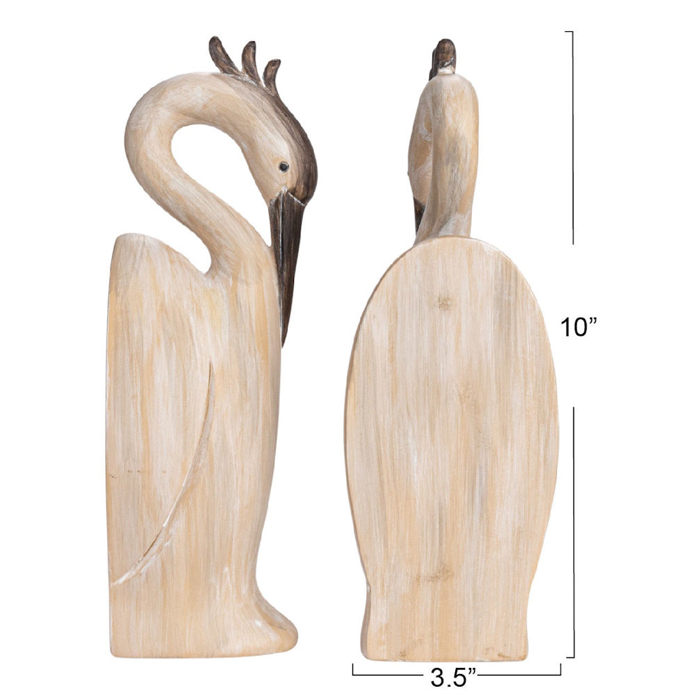 Two views of a resin heron bookend showing dimensions: 10 inches tall and 3.5 inches wide.