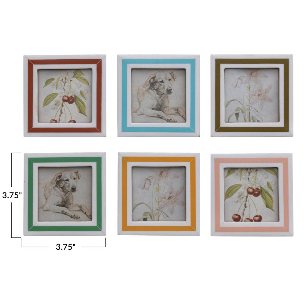 Square white frames with colorful stripes holding sketches, each measuring 3.75 by 3.75 inches.