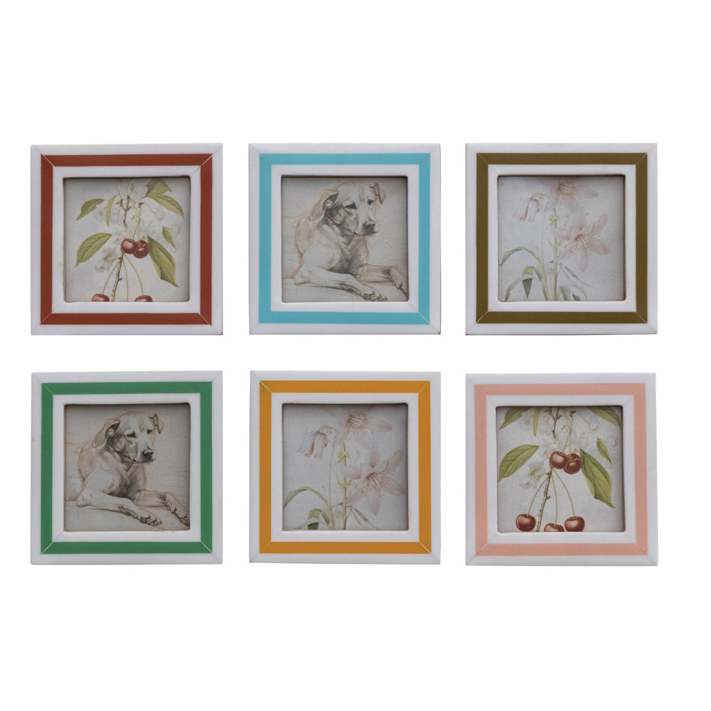 Set of six square white frames with colorful stripes holding sketches of dogs, flowers, and cherries.