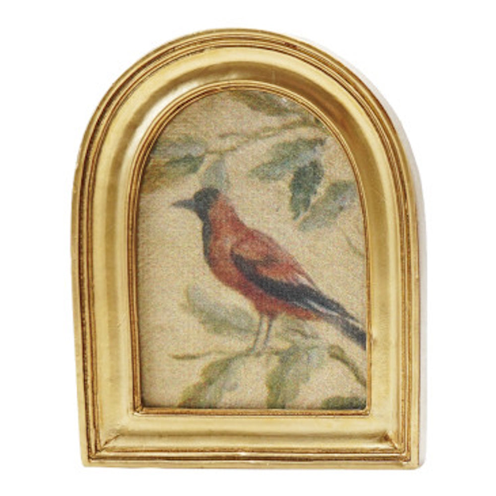 Red-breasted bird illustration in an arched gold frame with a vintage-style botanical background.
