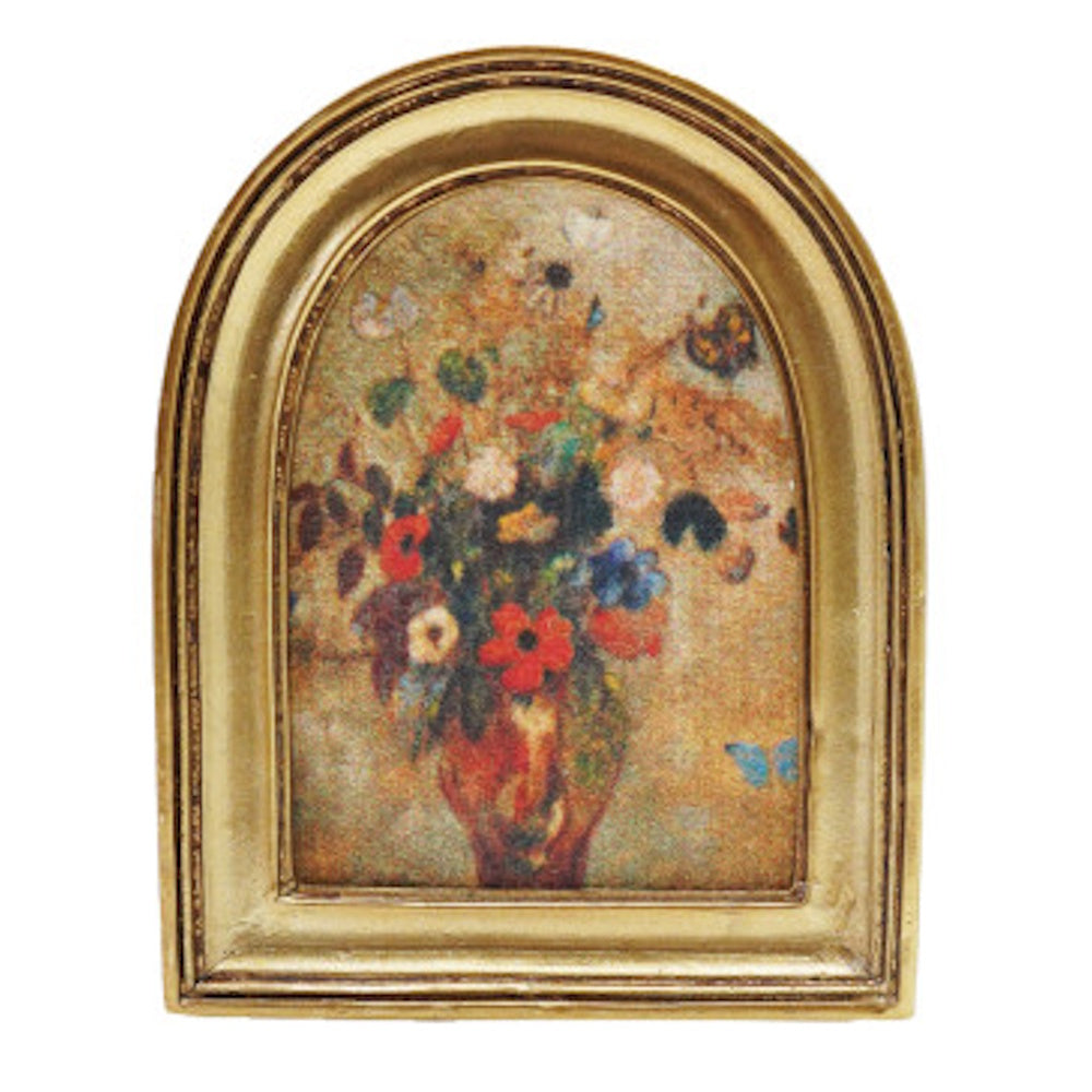 Impressionist floral bouquet painting in an arched gold frame.
