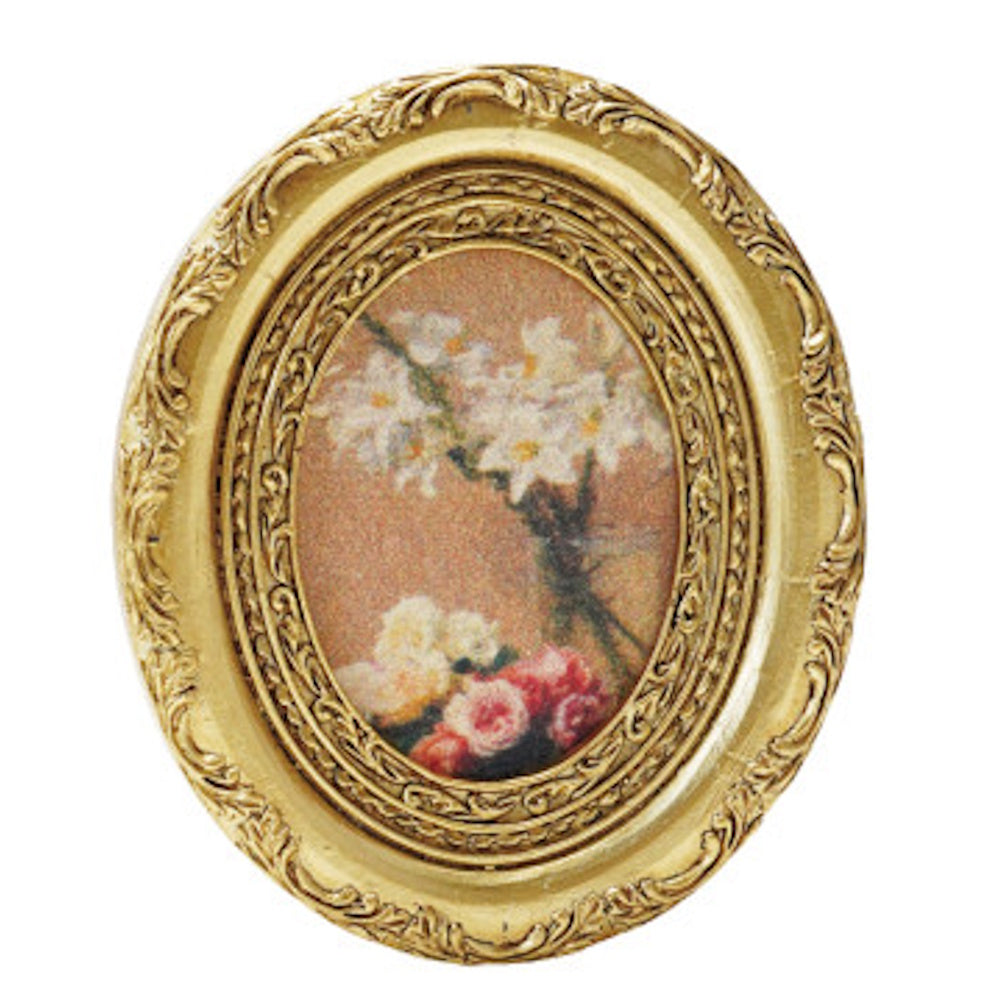 Oval ornate gold frame featuring a miniature painting of white and pink flowers.