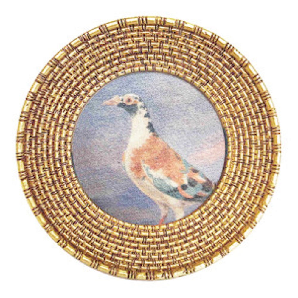 Mini circular framed art magnet featuring a vintage-style bird illustration inside a textured gold woven-pattern border.