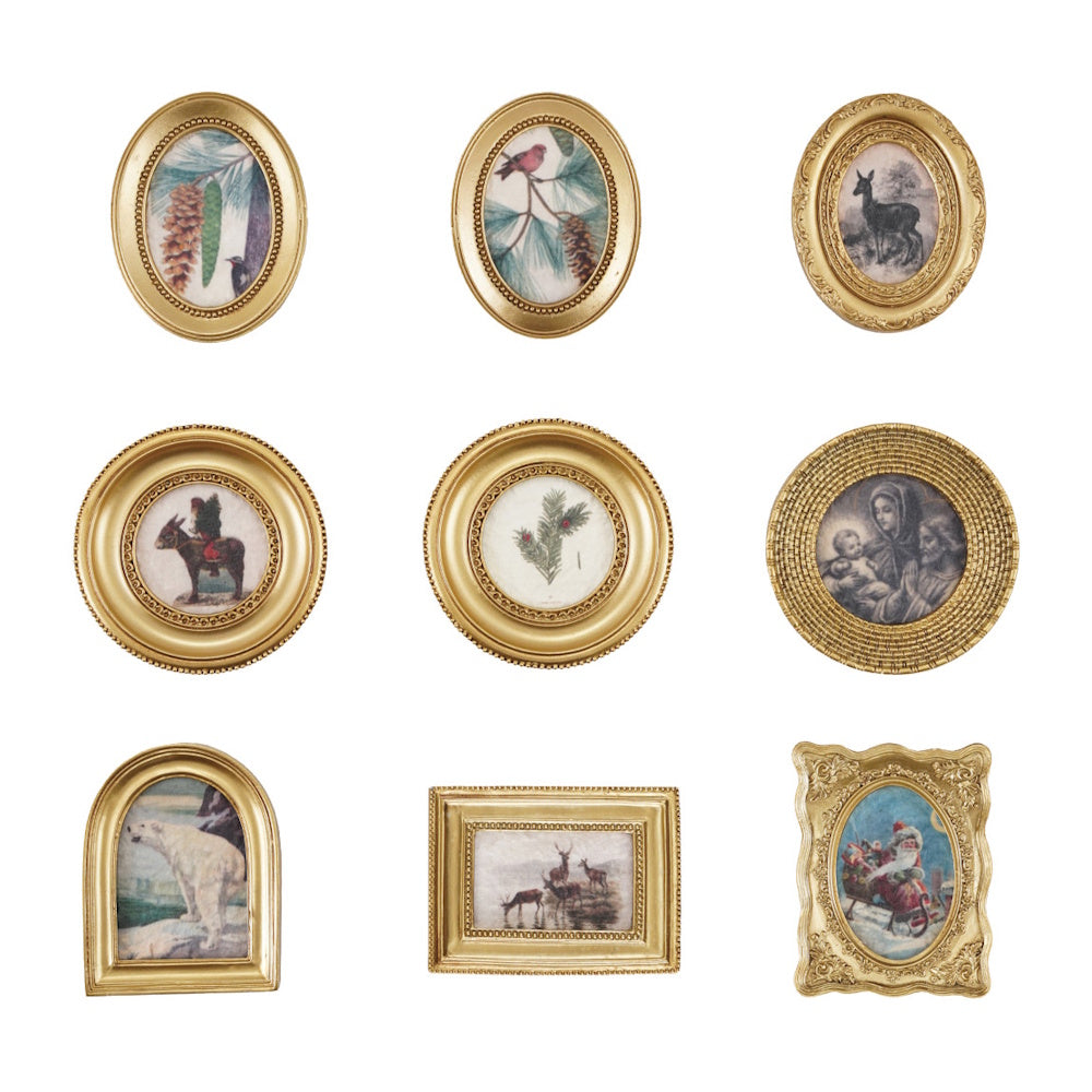 Set of nine mini gold-framed vintage seasonal art magnets featuring wildlife, flora, and holiday scenes.
