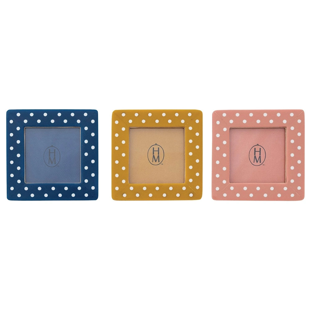 Set of three mini square resin photo frame magnets with polka dots in blue, mustard, and pink.
