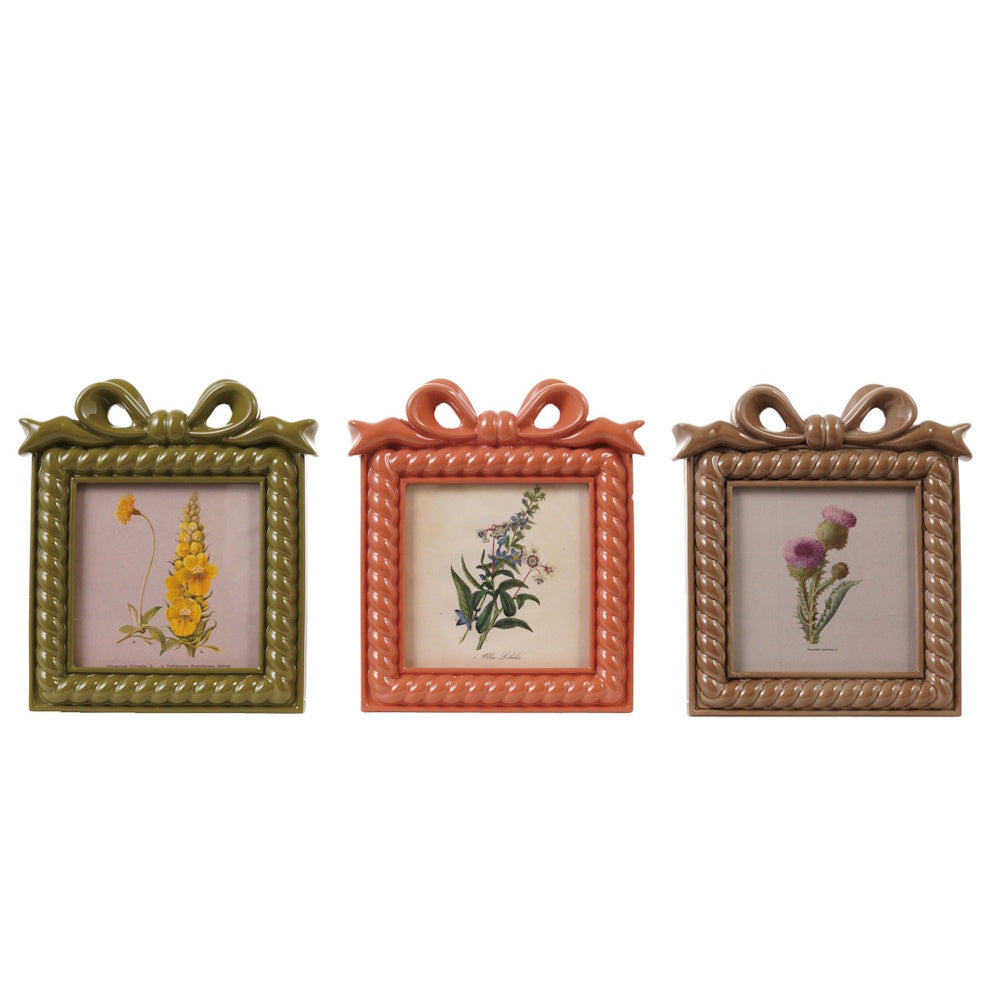 Three resin photo frames with rope-textured borders and bows in green, pink, and brown.