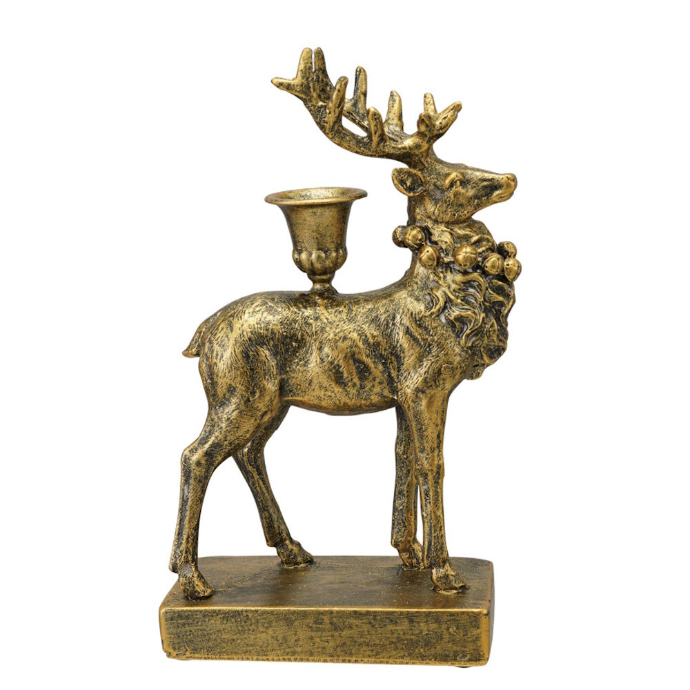 Antique gold reindeer-shaped taper candle holder featuring antlers and a jingle bell collar.