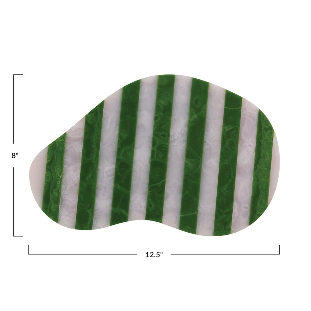 An organically shaped green and white striped resin serving board, measuring 12.5 inches wide and 8 inches tall.