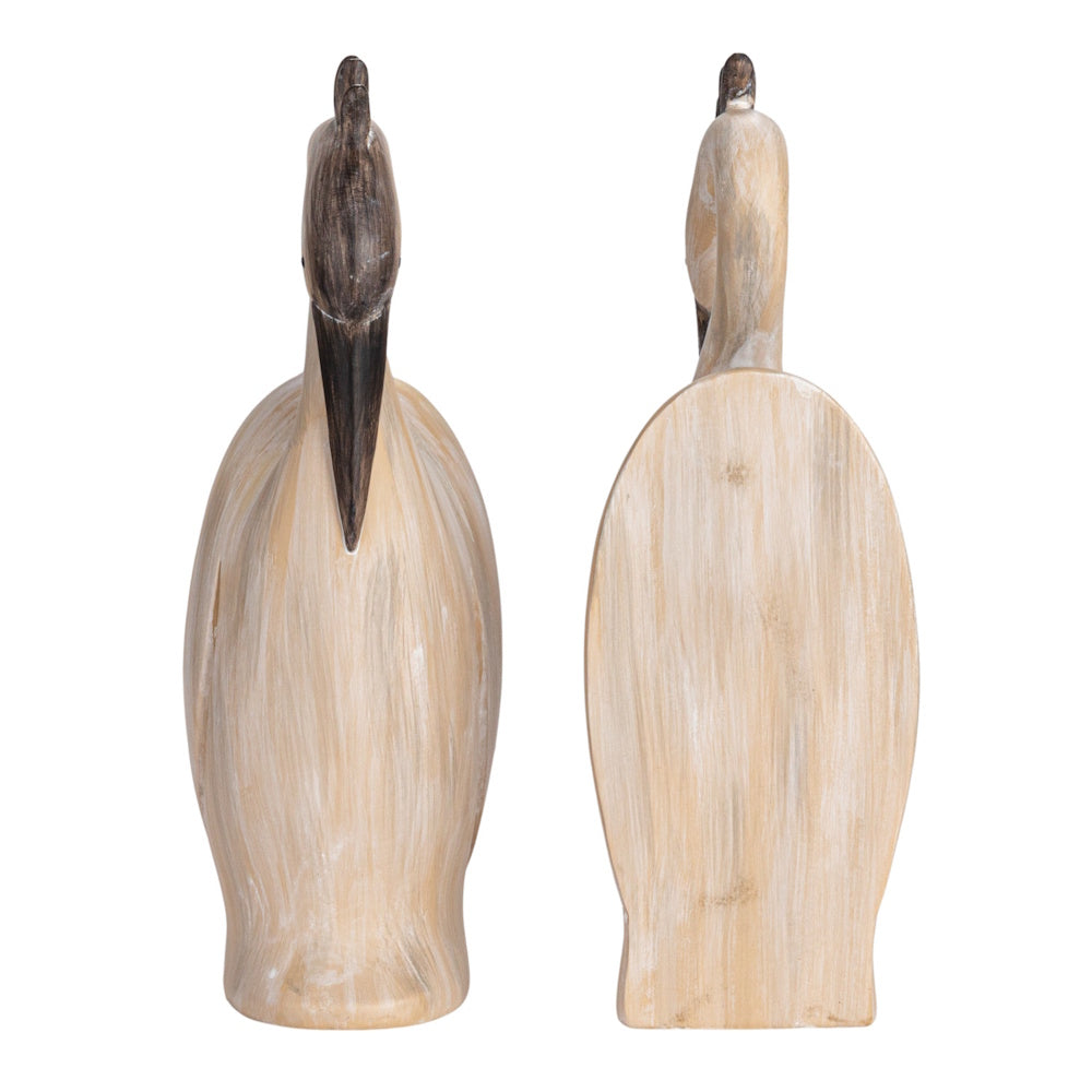 Back view of a pair of beige resin heron-shaped bookends with a rustic, faux-wood painted finish.