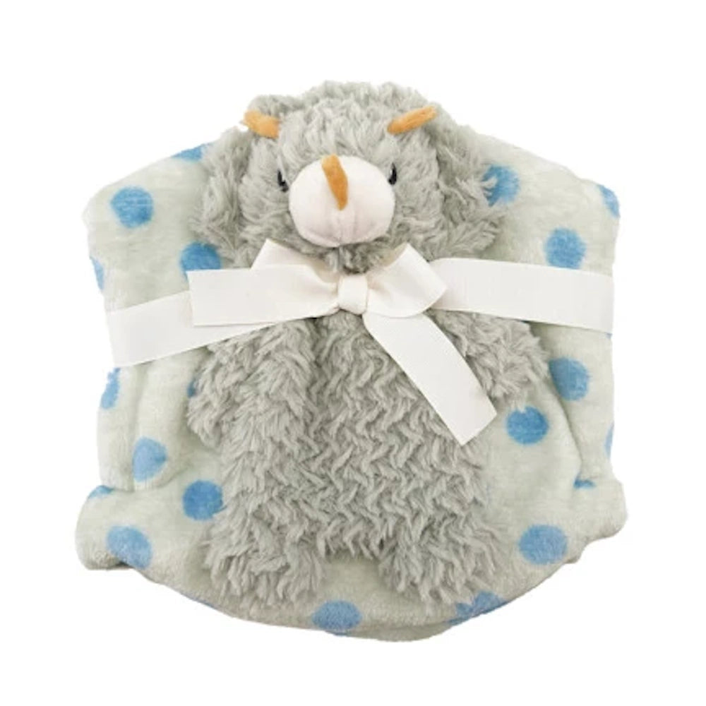 Gray plush rhinoceros toy with blue polka dot baby blanket and white ribbon.