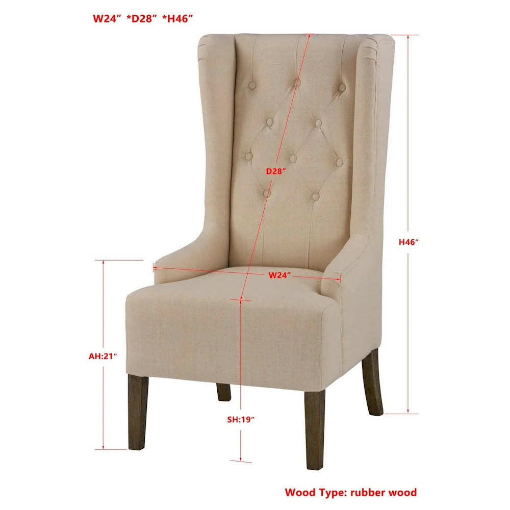 Tufted beige wingback chair with dimensions and rubber wood legs for living room furniture.