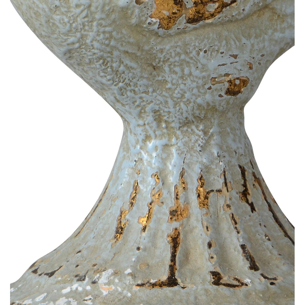 Textured white ceramic pedestal base with distressed gold leaf accents and a rustic, weathered finish.