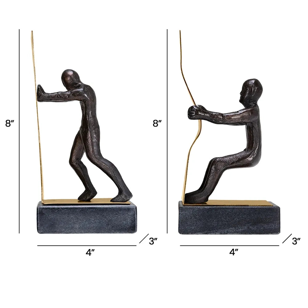 Two bookends, one pushing and one pulling a metal sheet, each measuring 8 inches high, 4 inches wide, and 3 inches deep.