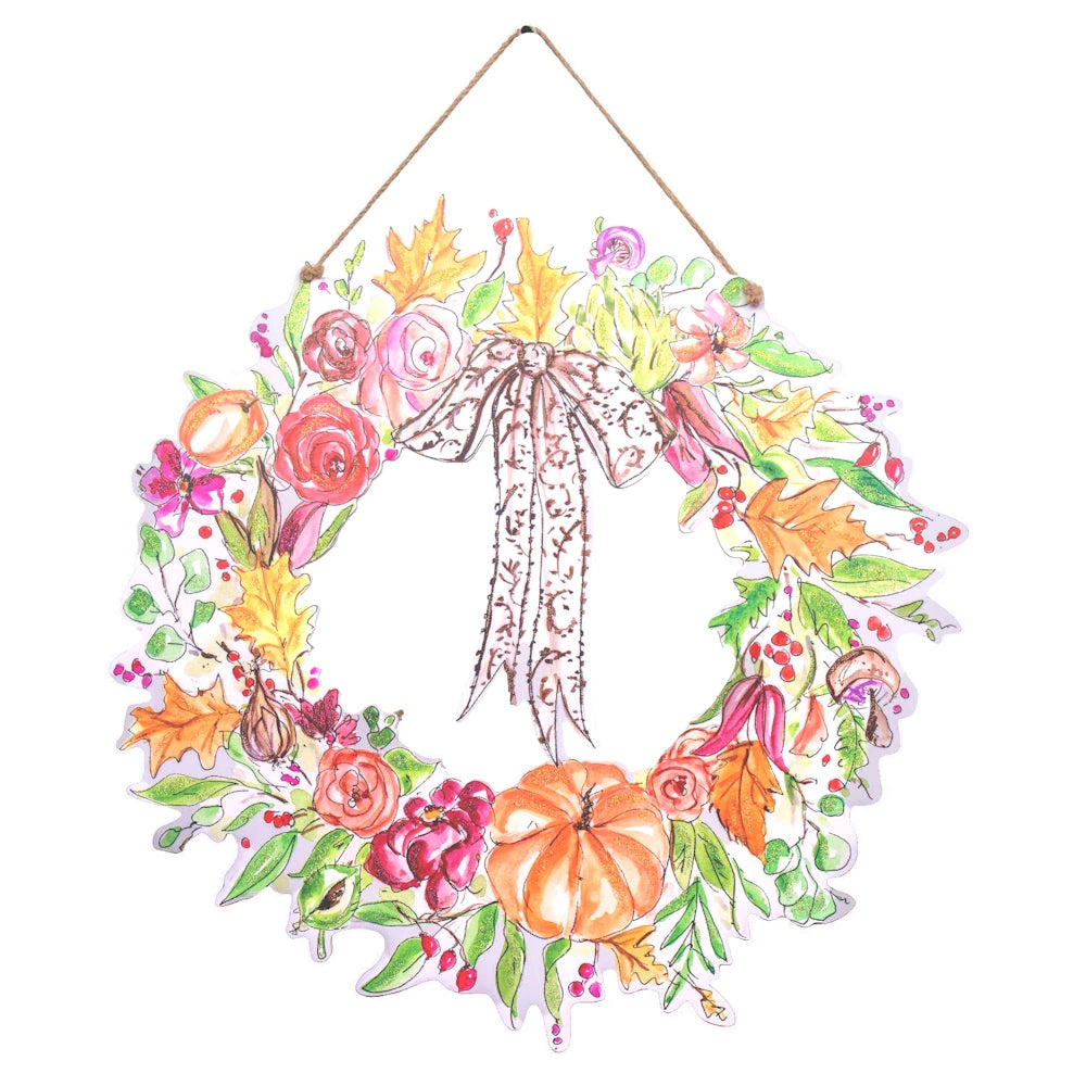 Watercolor autumn wreath illustration with pink and orange roses, fall leaves, a pumpkin, and a large bow.