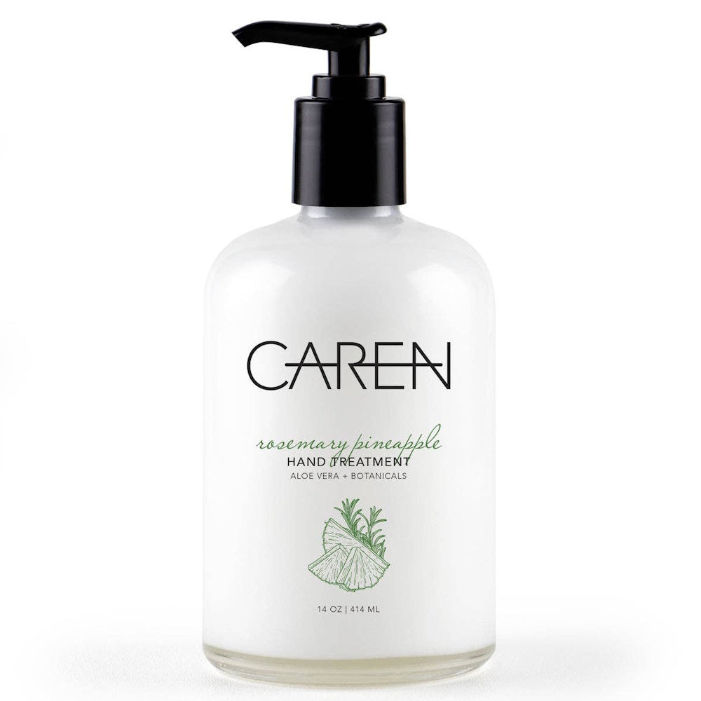 A bottle of Caren Rosemary Pineapple Hand Treatment with a pump dispenser and a botanical illustration.