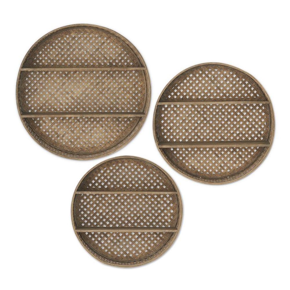 Small Round Bamboo Basket Weave Double Shelf Wall Decor — alternate view 2