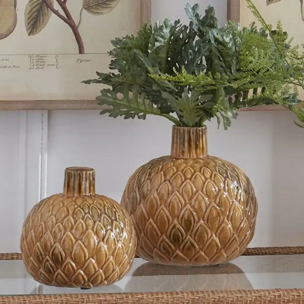 Large Round Crackled Butterscotch Ceramic Vases with Embossed Petals — alternate view 3