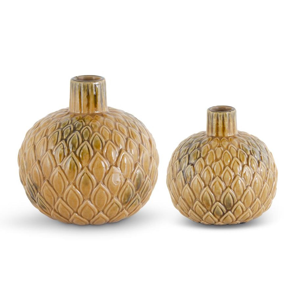Large Round Crackled Butterscotch Ceramic Vases with Embossed Petals — alternate view 2