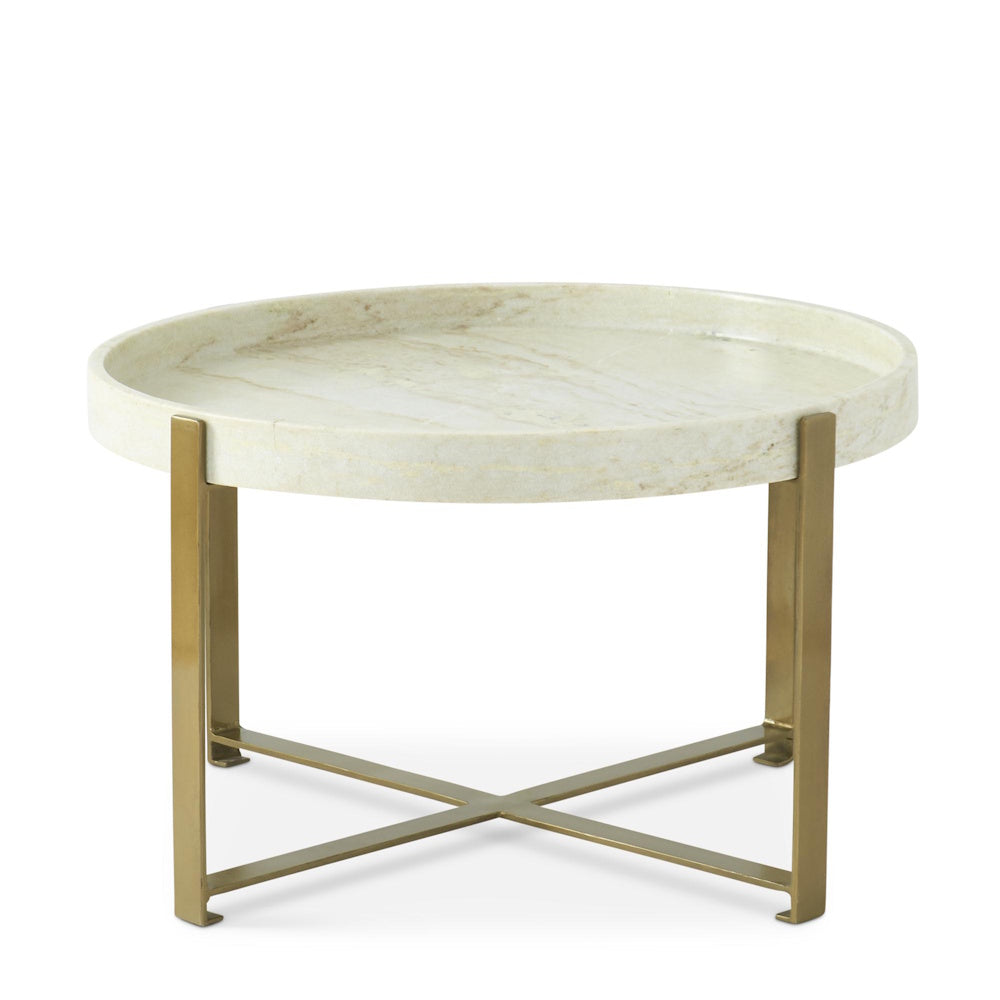 Round white marble coffee table with a tray-style top and a gold cross-base metal frame.