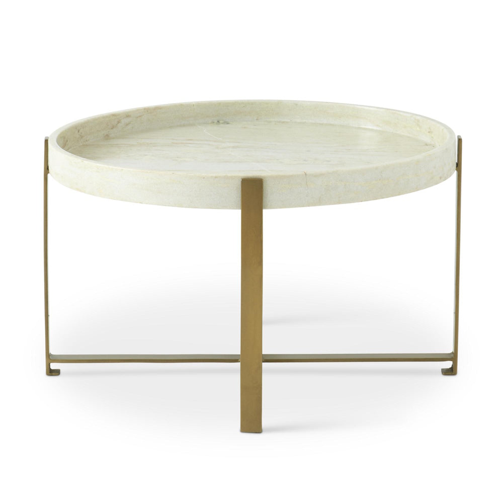Round white marble coffee table with a tray top and gold cross-base metal frame.