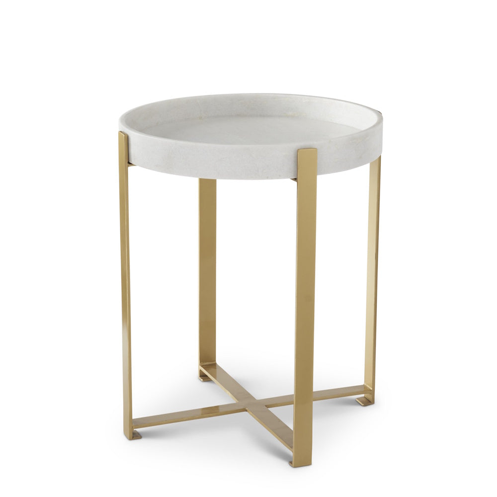 Round side table featuring a white tray top supported by a gold metal frame base.
