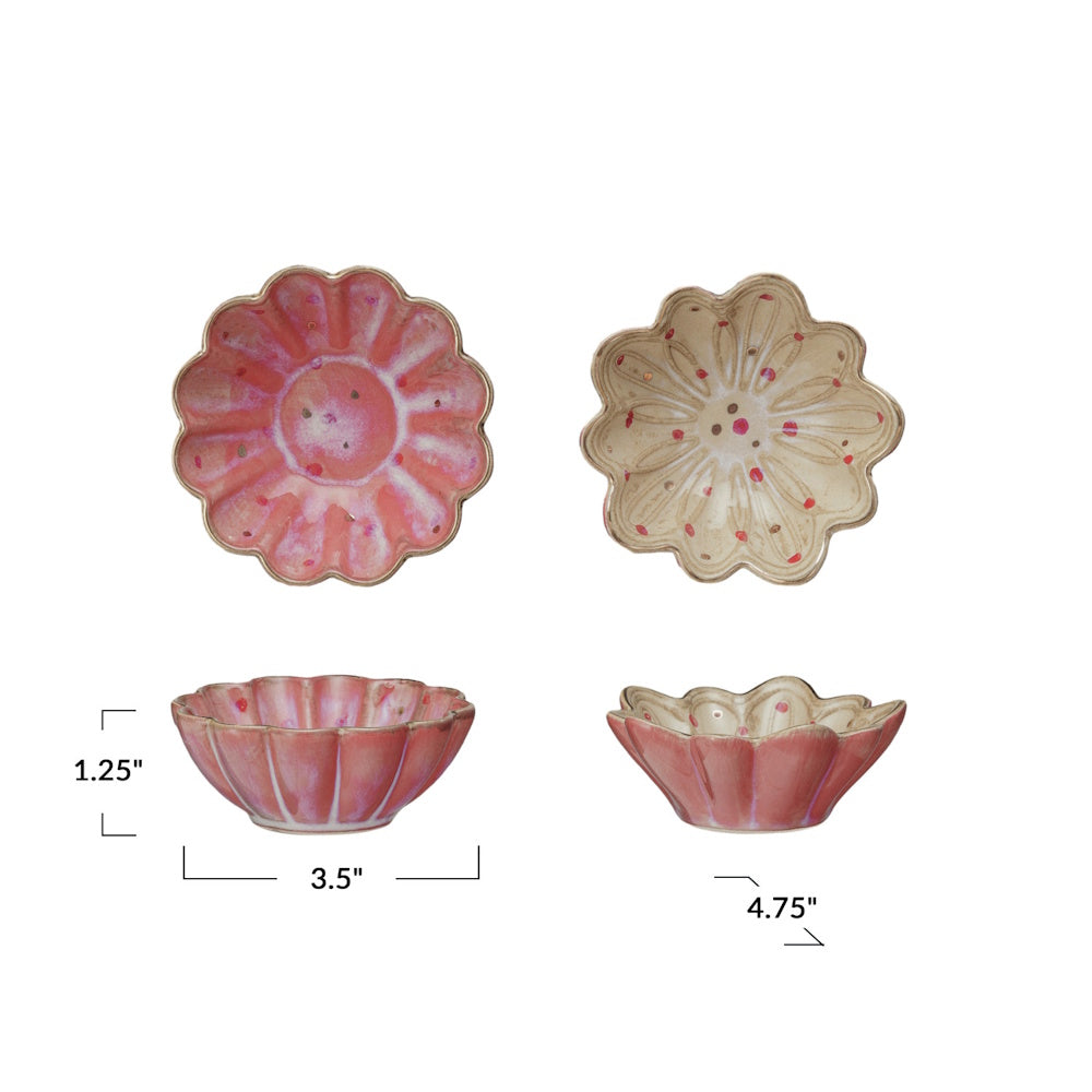 Two styles of round stoneware fluted trinket dishes with dimensions of 1.25" height, 3.5" and 4.75" widths.