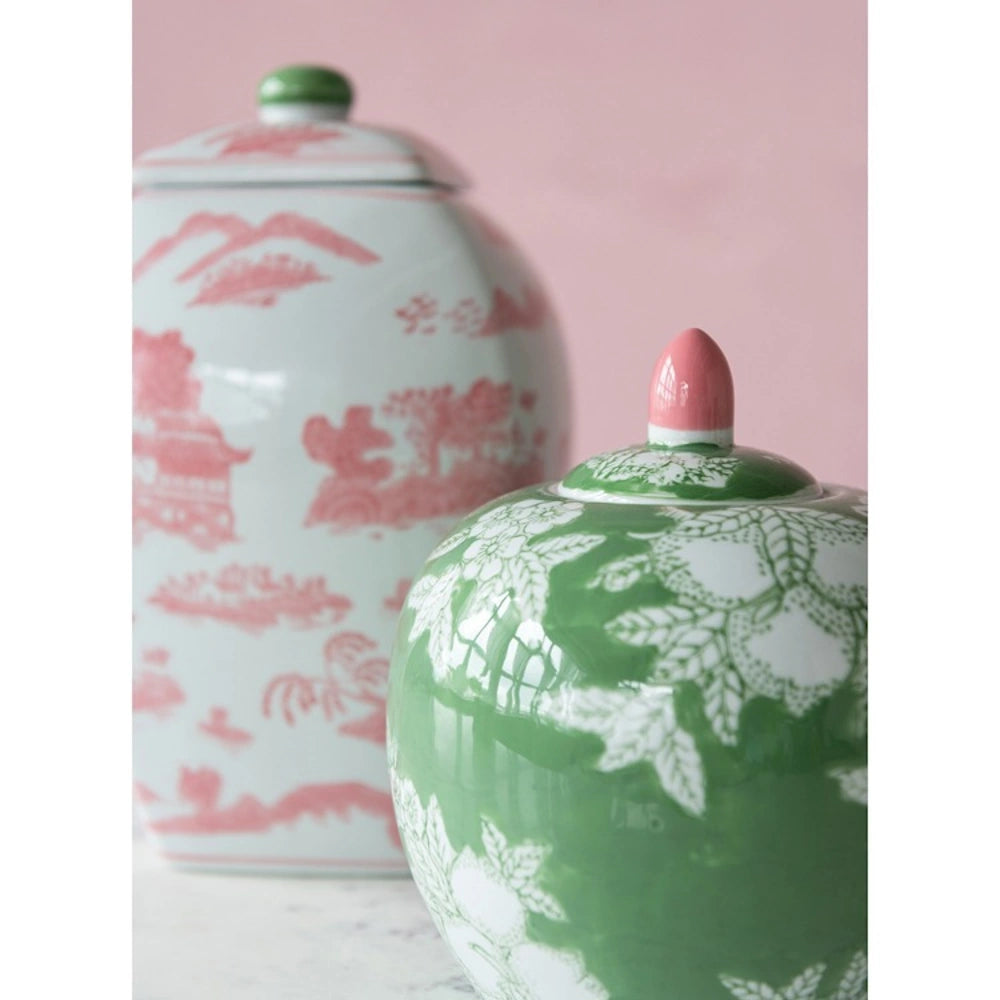 Green floral stoneware ginger jar with pink finial and white bird pattern, Chinoiserie style home decor.