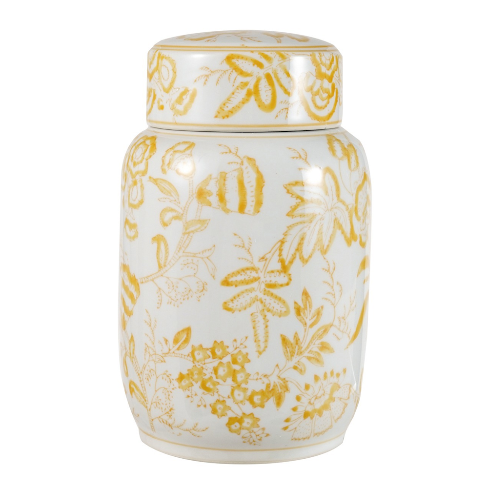 Yellow and white floral stoneware ginger jar with a patterned lid, decorative ceramic home decor on white background.
