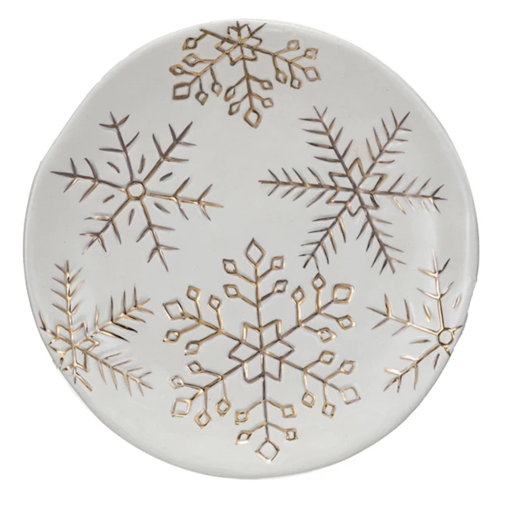 Round Stoneware Plate with Gold Electroplated Snowflakes — alternate view 2