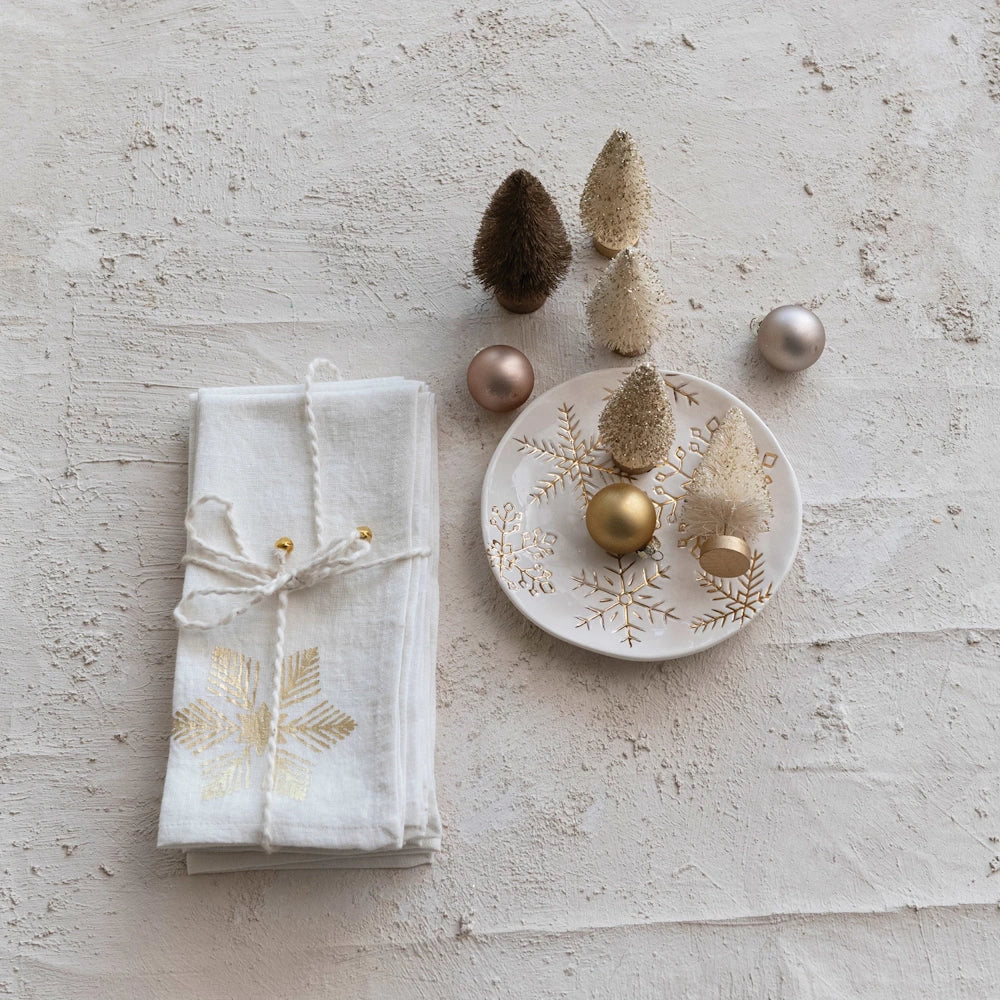 Round Stoneware Plate with Gold Electroplated Snowflakes