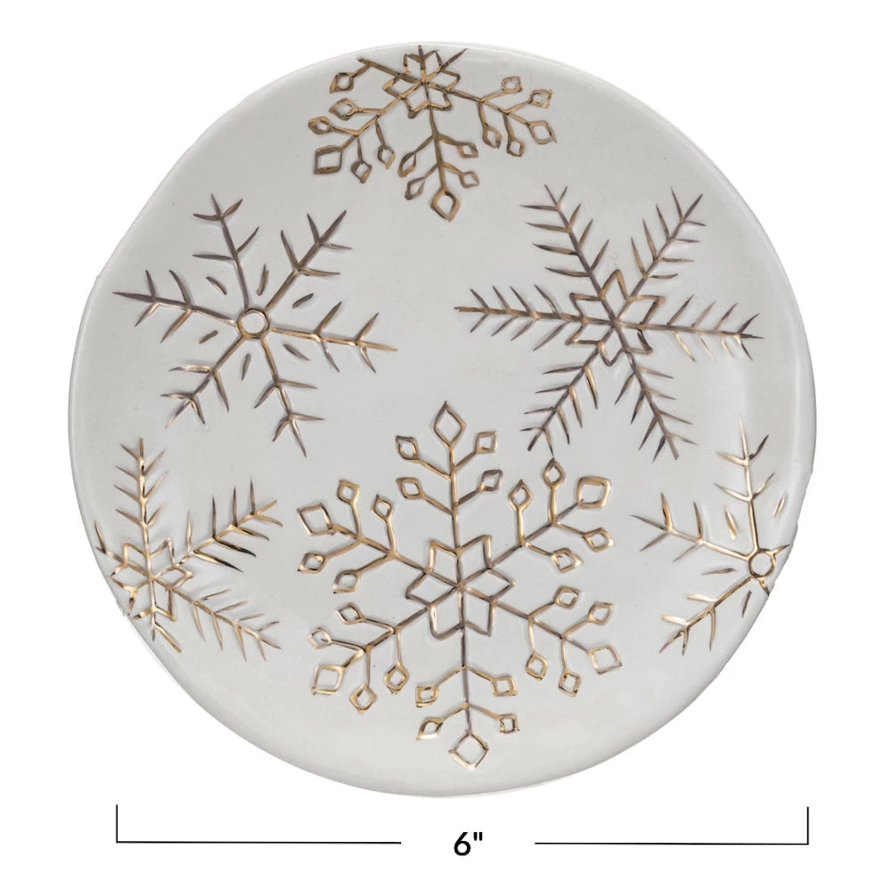 Round Stoneware Plate with Gold Electroplated Snowflakes — alternate view 3