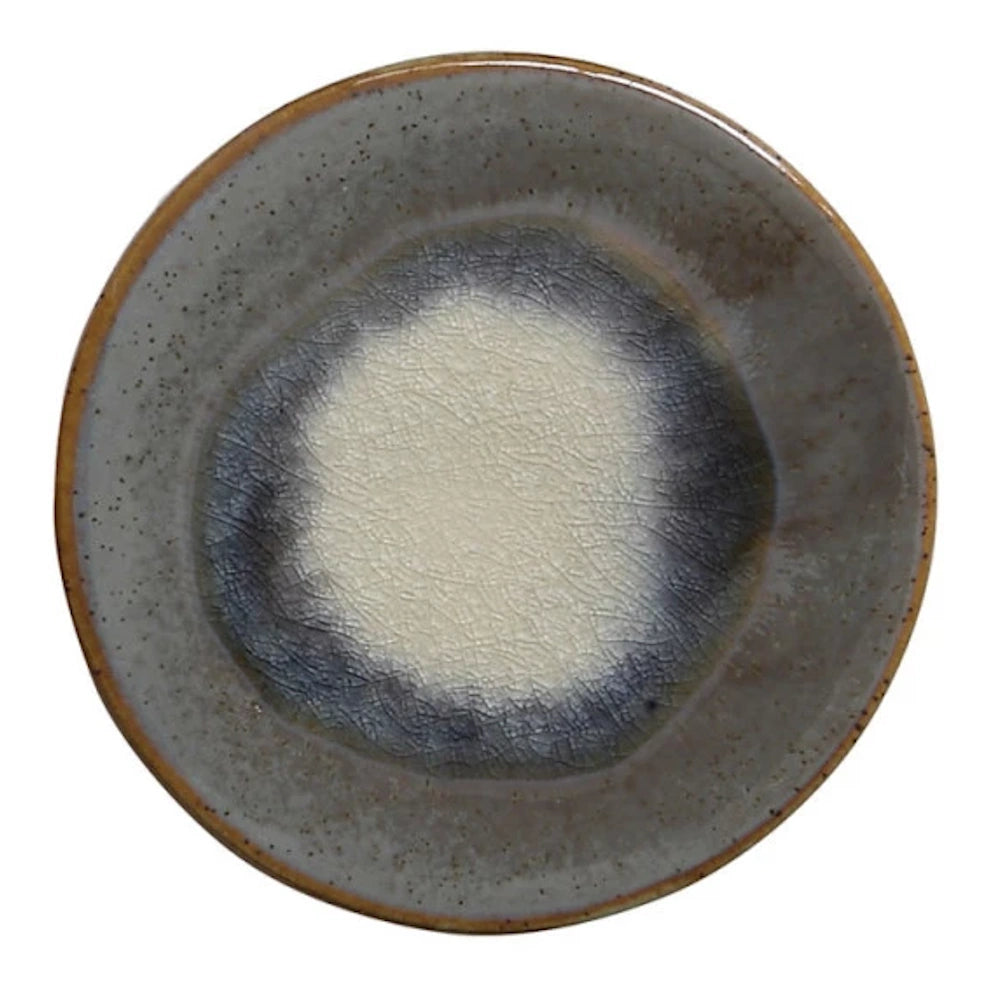 Round stoneware trivet with a speckled grey border and cream crackle glaze center for heat-resistant kitchen protection.