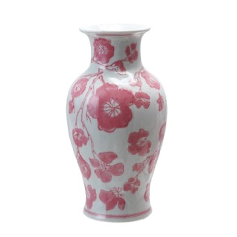 Elegant white stoneware vase with a hand-painted pink floral cherry blossom pattern on a white background.