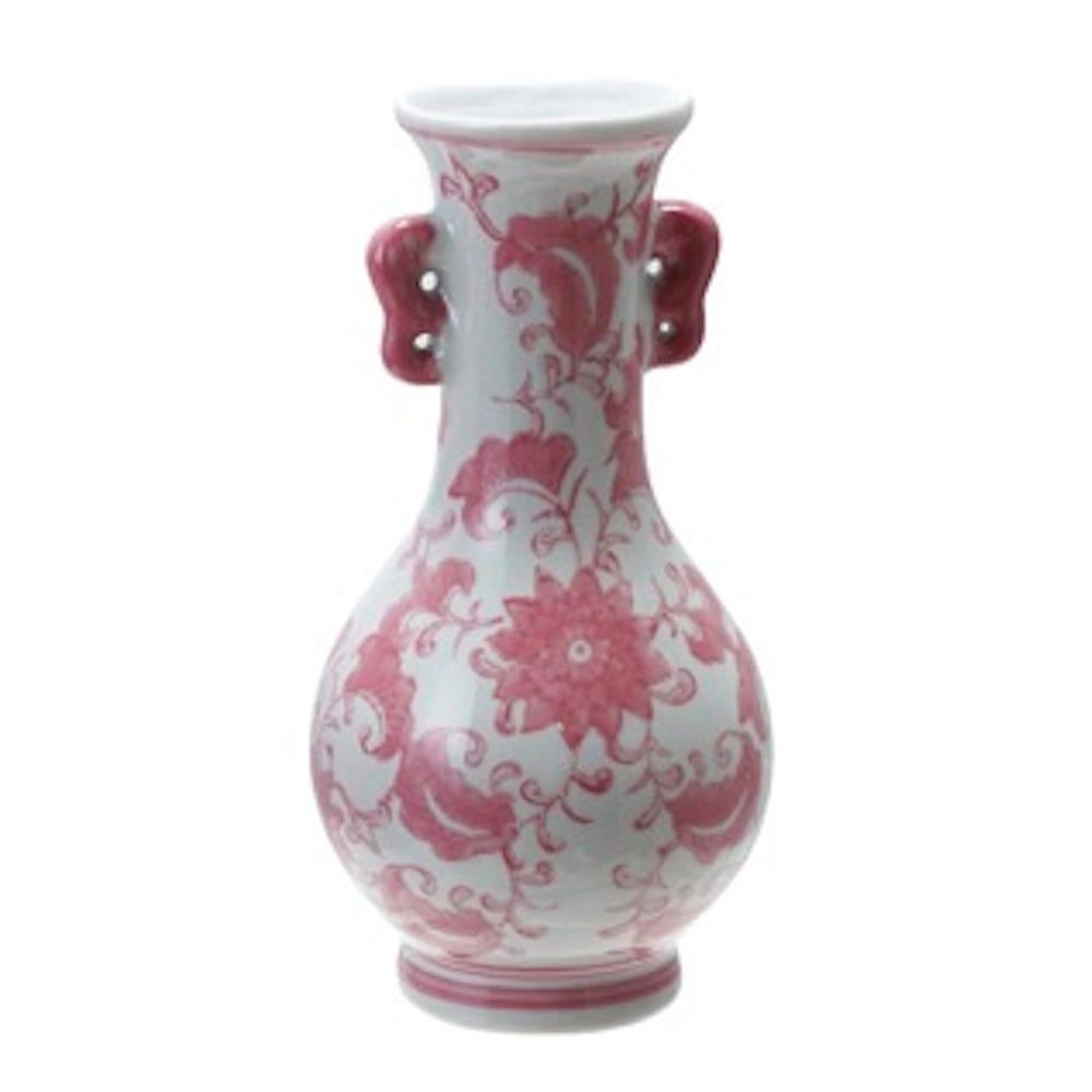 Pink and white floral stoneware vase with small handles and a hand-painted botanical pattern on a white background.