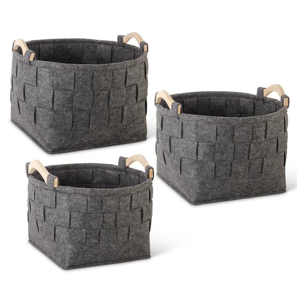 Large Round Woven Gray Felt Nesting Baskets with Wood Handle — alternate view 2