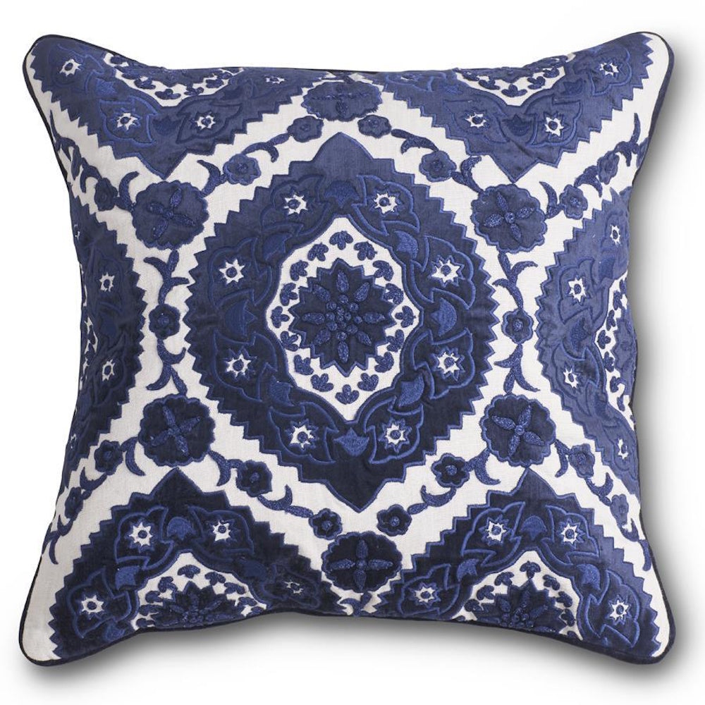 Square blue and white embroidered decorative throw pillow with intricate mandala and floral patterns.