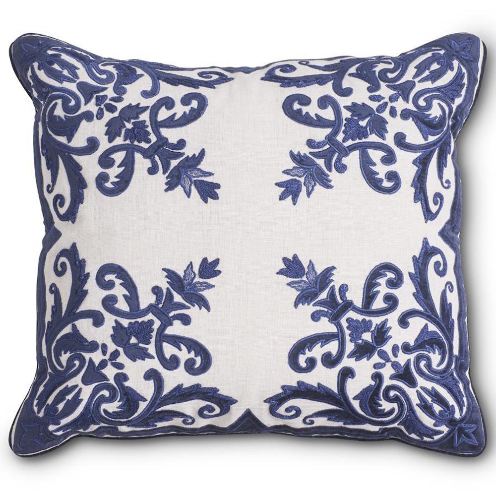 Square white throw pillow with blue damask embroidery and decorative scrolling patterns for home decor.