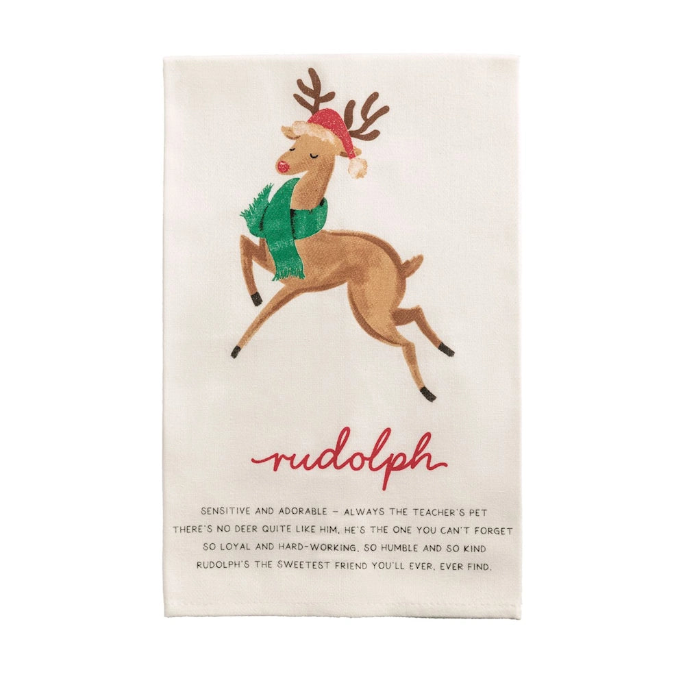 White holiday hand towel featuring Rudolph the reindeer in a Santa hat, green scarf, and poem below.