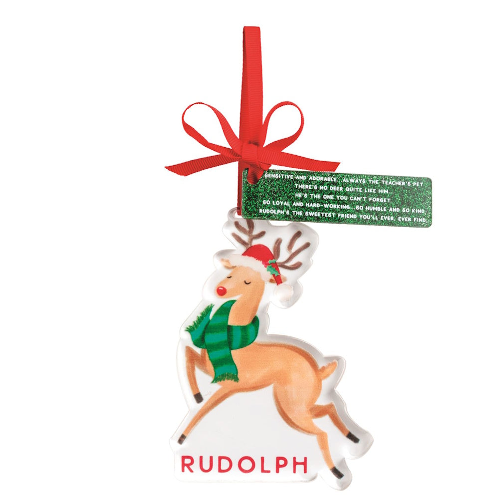 Rudolph reindeer ornament wearing a green scarf and Santa hat, with a red bow and poem tag.