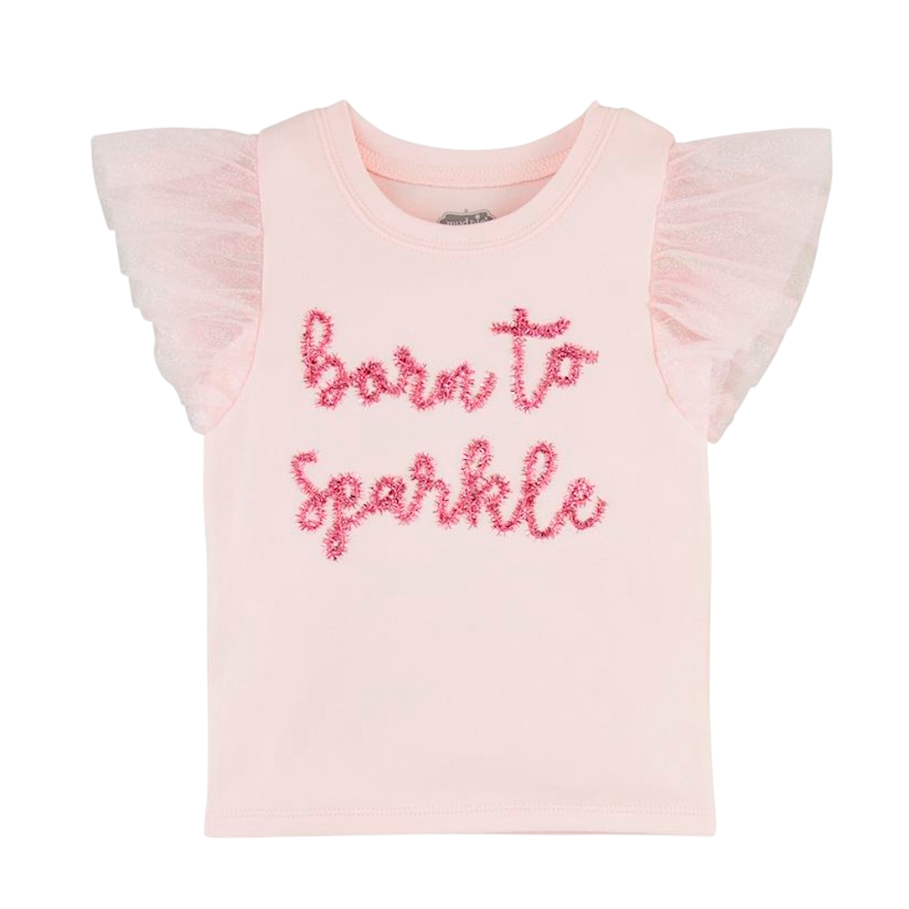 A light pink toddler t-shirt with tulle ruffle sleeves and "born to sparkle" in glittery pink text.